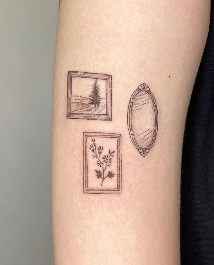 a woman's arm with three pictures and a mirror on the back of it