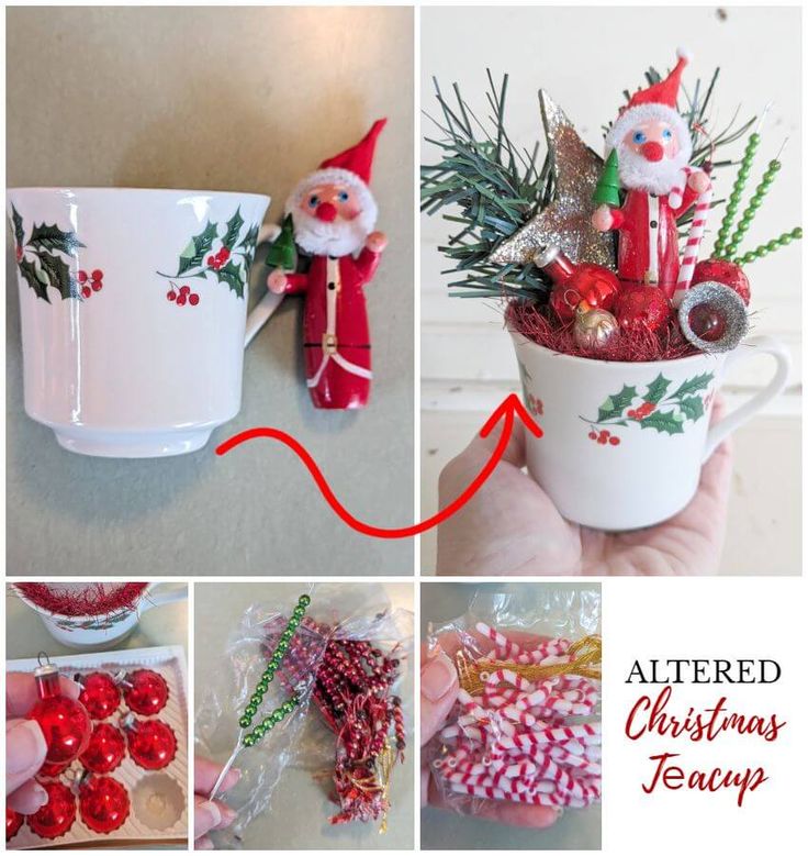 a collage of photos with christmas items and decorations in them, including coffee mugs