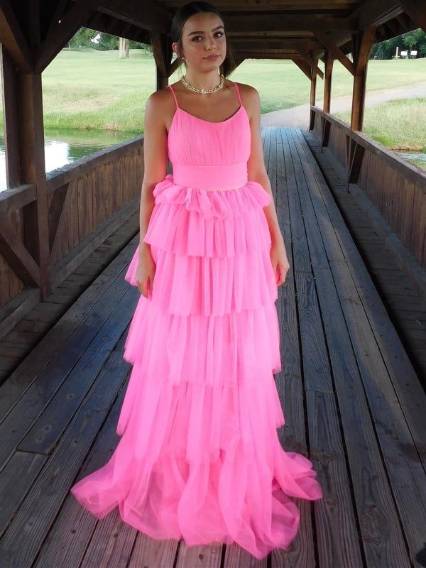 Silhouette:?A Line Waist: Natural Sleeve Length:?Sleeveless Shown Color: Pink Built-In Bra: Yes Pink Long Prom Dresses, Prom Dresses Pink, Backless Evening Gowns, Prom Dresses Long Pink, Tulle Sleeves, Prom Dresses For Sale, Ruffles Fashion, Long Prom Dresses, A Line Prom Dresses