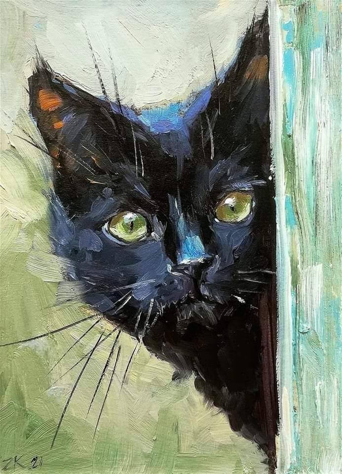 a painting of a black cat peeking out from behind a green door with yellow eyes