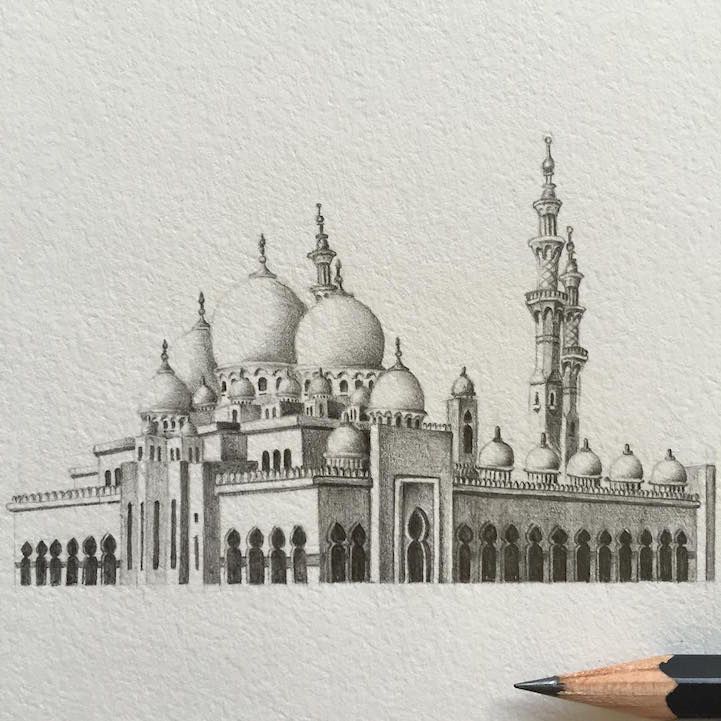 a pencil drawing of a mosque