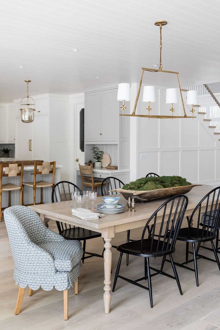 a dining room table with chairs and plates on it