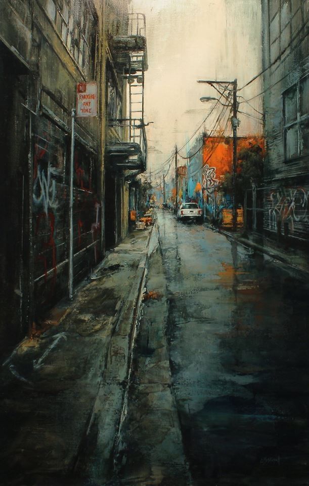 an oil painting of a city street with graffiti on the walls and buildings in the background