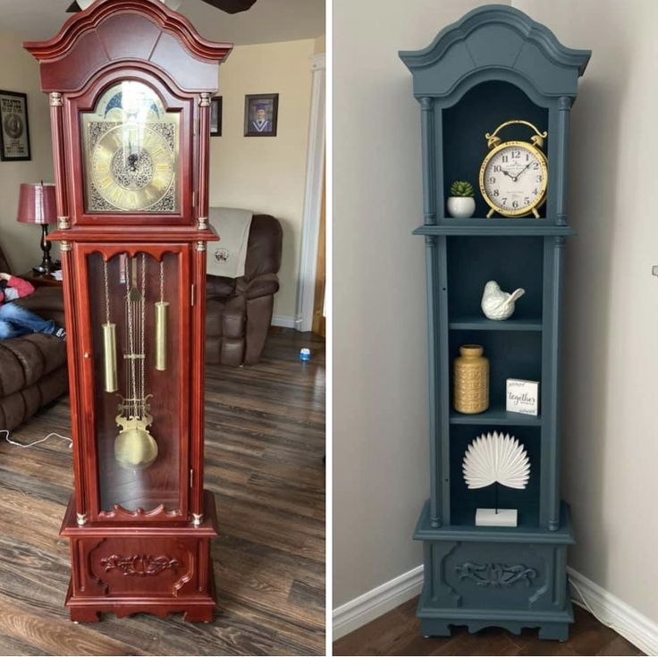 two different pictures of an old grandfather clock and a new grandfather clock in the living room