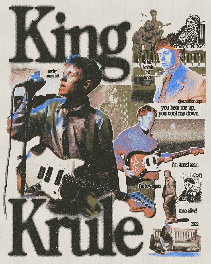 a poster with the words king krule and pictures of people playing guitars in front of them