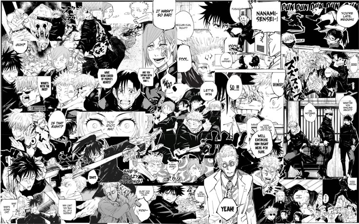 black and white image of anime characters with comic style texting on them, all in different