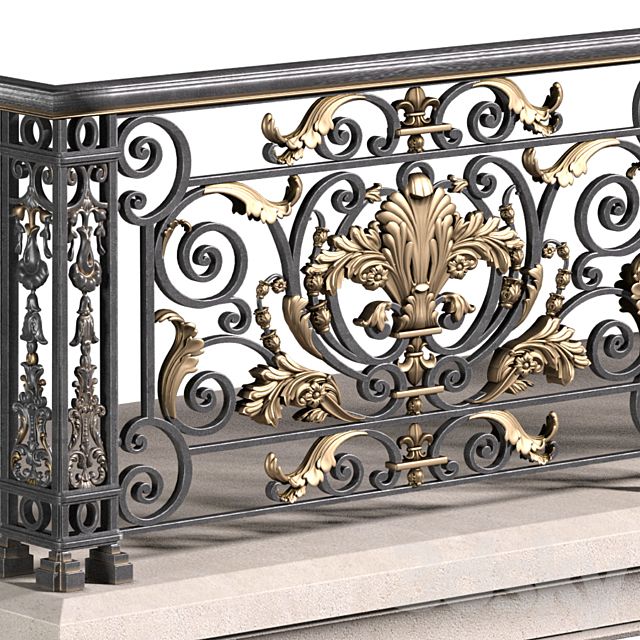 an ornate iron balcony railing with gold leafy designs on the top and bottom part