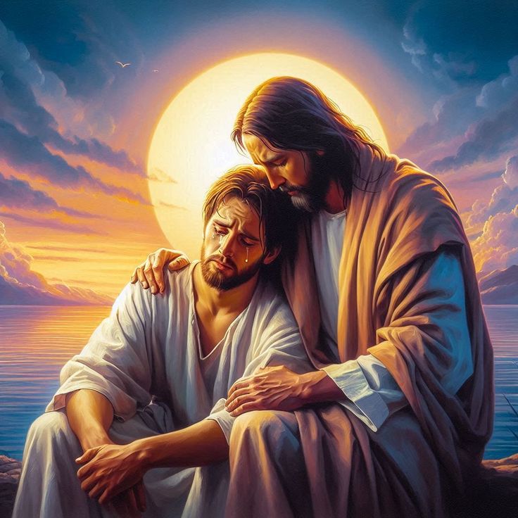 jesus hugging the head of another man in front of a sunset