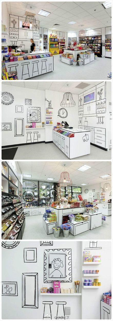 the inside of a store with drawings on the wall and shelves full of food in it