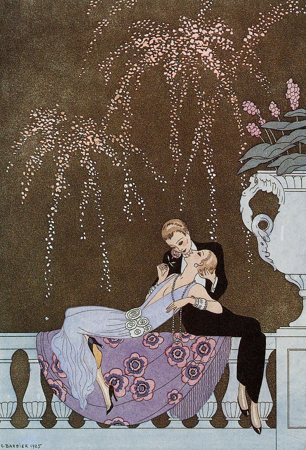 an illustration of a man and woman sitting on a balcony with fireworks in the sky