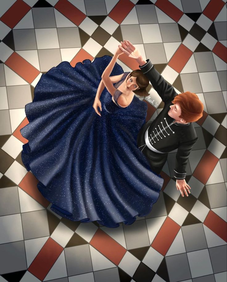 a painting of a man and woman dancing on a checkered floor with red hair