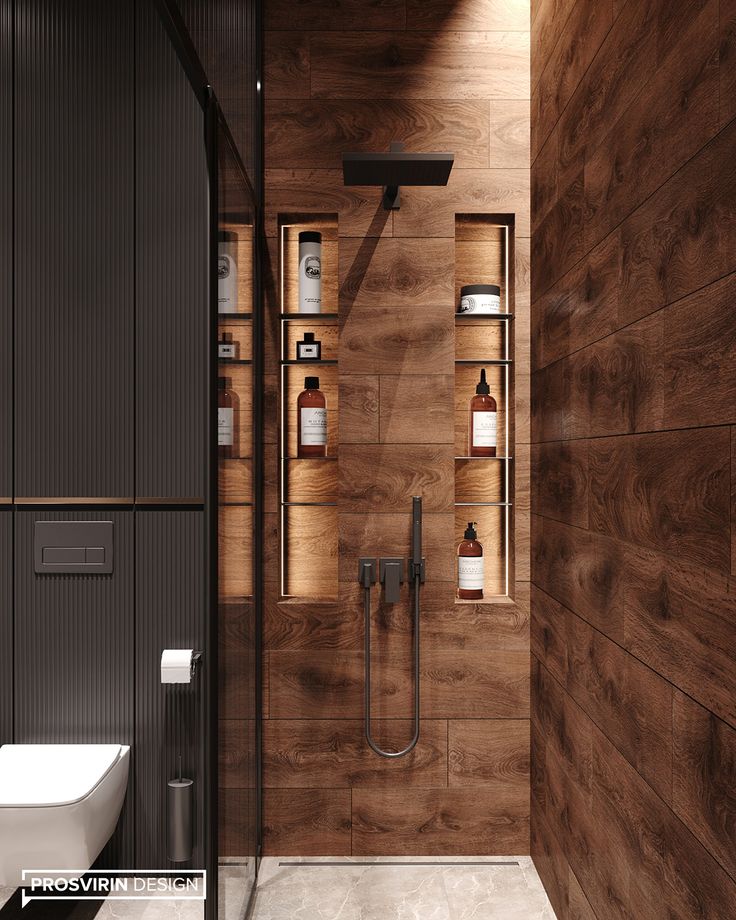 a modern bathroom with wooden walls and flooring