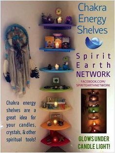 Chakra shelves! Reiki Room, Healing Room, Zen Room, Chakra Energy, Reiki Symbols, Spiritual Tools, Singing In The Rain, Massage Room, Les Chakras