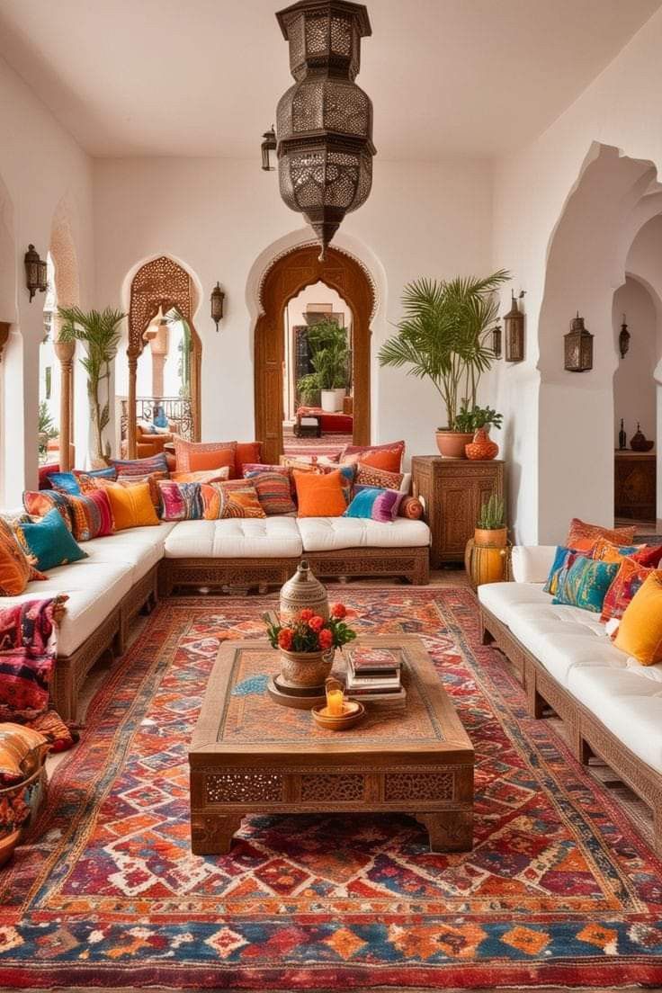 a living room filled with lots of furniture and pillows on top of a colorful rug