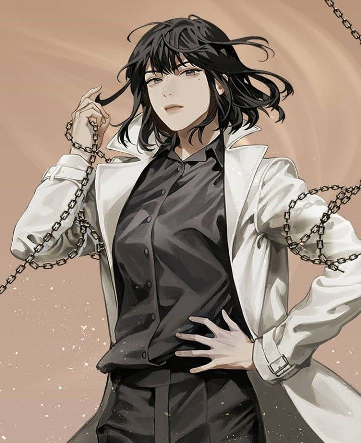 an anime character with long black hair wearing a white coat and holding a chain around his neck