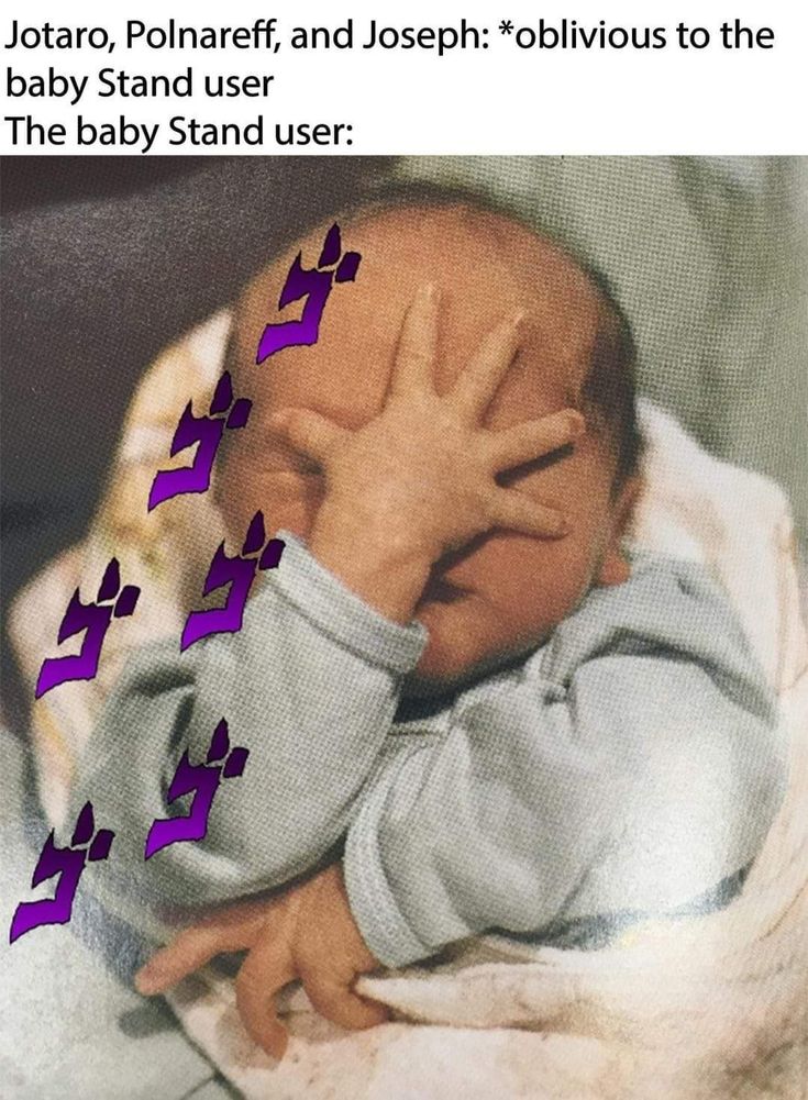 a baby is holding its head with purple crosses on it's forehead and the caption says,