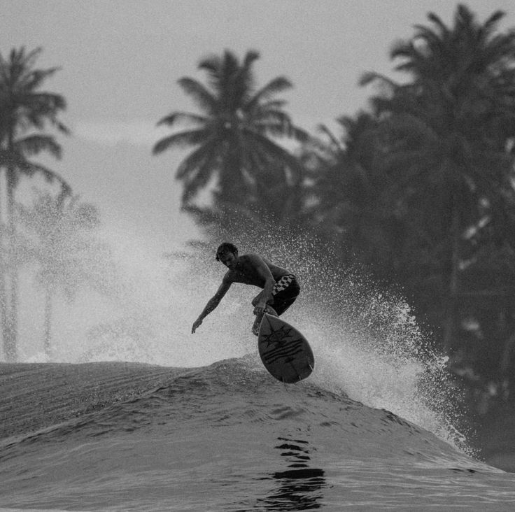 a man riding a surfboard on top of a wave in the ocean next to palm trees