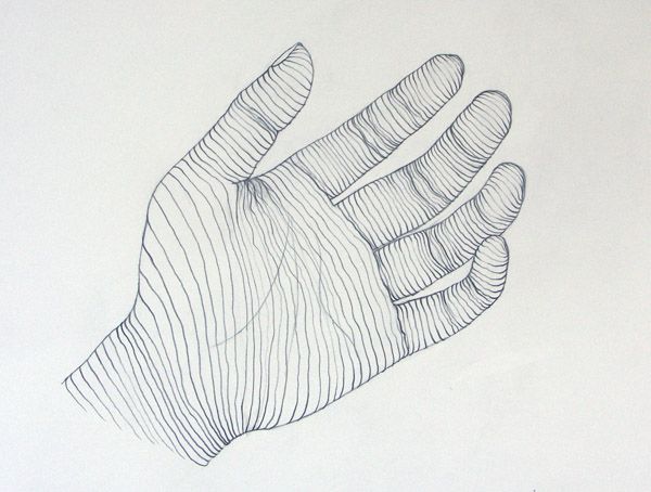 a drawing of a hand holding something in it's right hand with lines on the left side