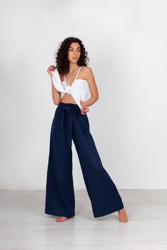 Wide Palazzo Pants, Navy Linen Pants, Loose Linen Pants, Navy Blue Pants, Pants Loose, High Waist Pants, Fine Linen, Women Pants, Linen Trousers