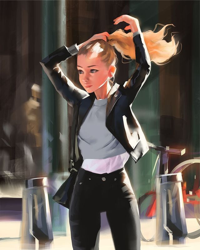 a digital painting of a woman in black pants and white shirt holding her hair up