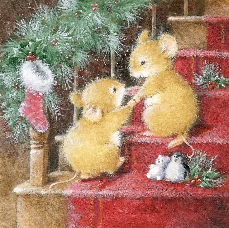 two little mice sitting on the steps next to a christmas tree