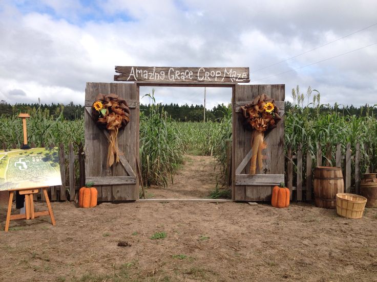 two wooden doors with wreaths on them in the middle of a corn field and an easel next to it