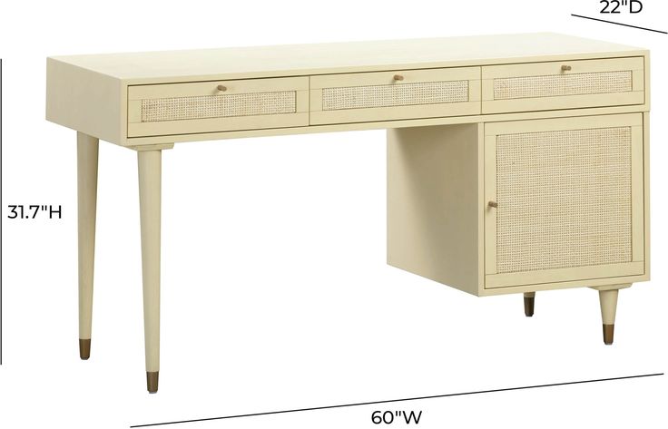 a white desk with two drawers and one drawer on the top, measurements for each drawer