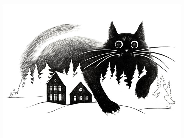 a drawing of a black cat in the snow with trees and houses behind it, on a white background