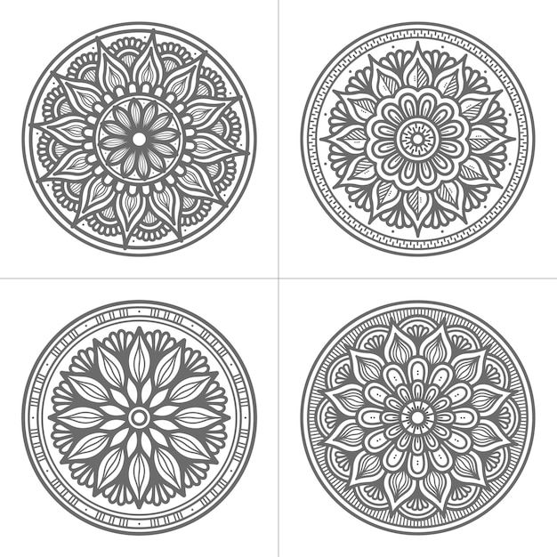 four circular designs in black and white, each with an intricate design on the center