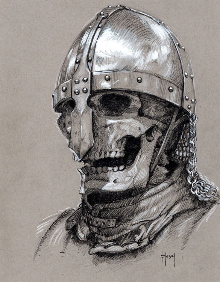 a drawing of a skull wearing a helmet with chains around it's neck and face