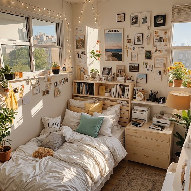 a bed room with a neatly made bed and lots of plants on the wall next to it