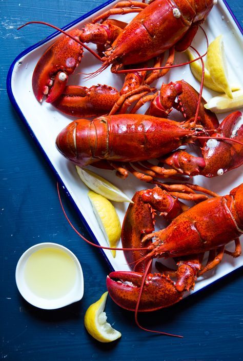 cooked lobsters with lemon wedges and butter on a blue tray next to dipping sauce