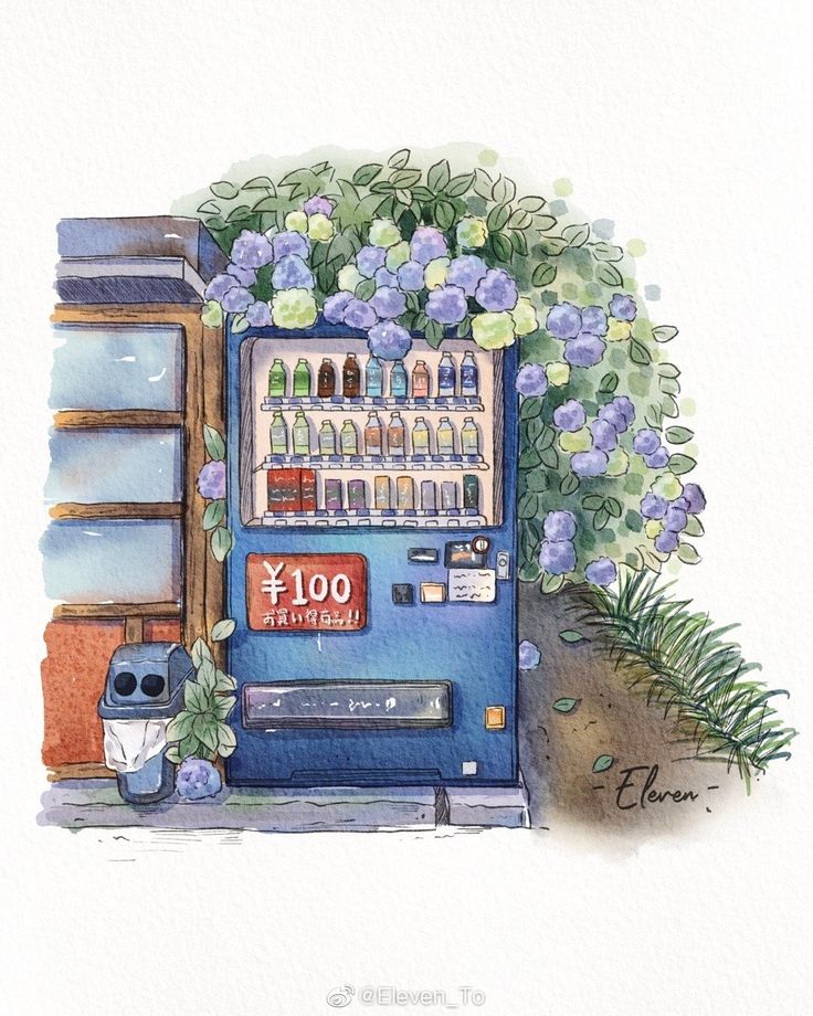 a watercolor drawing of a vending machine with flowers growing out of the front