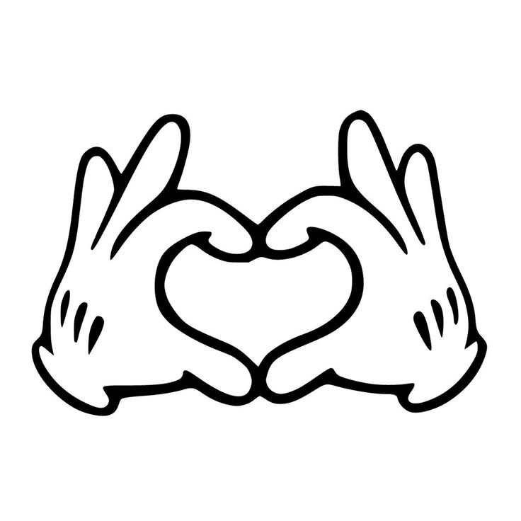 two hands making a heart shape with their fingers, black and white outline on a white background