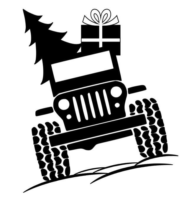 a black and white silhouette of a jeep with a christmas tree on top