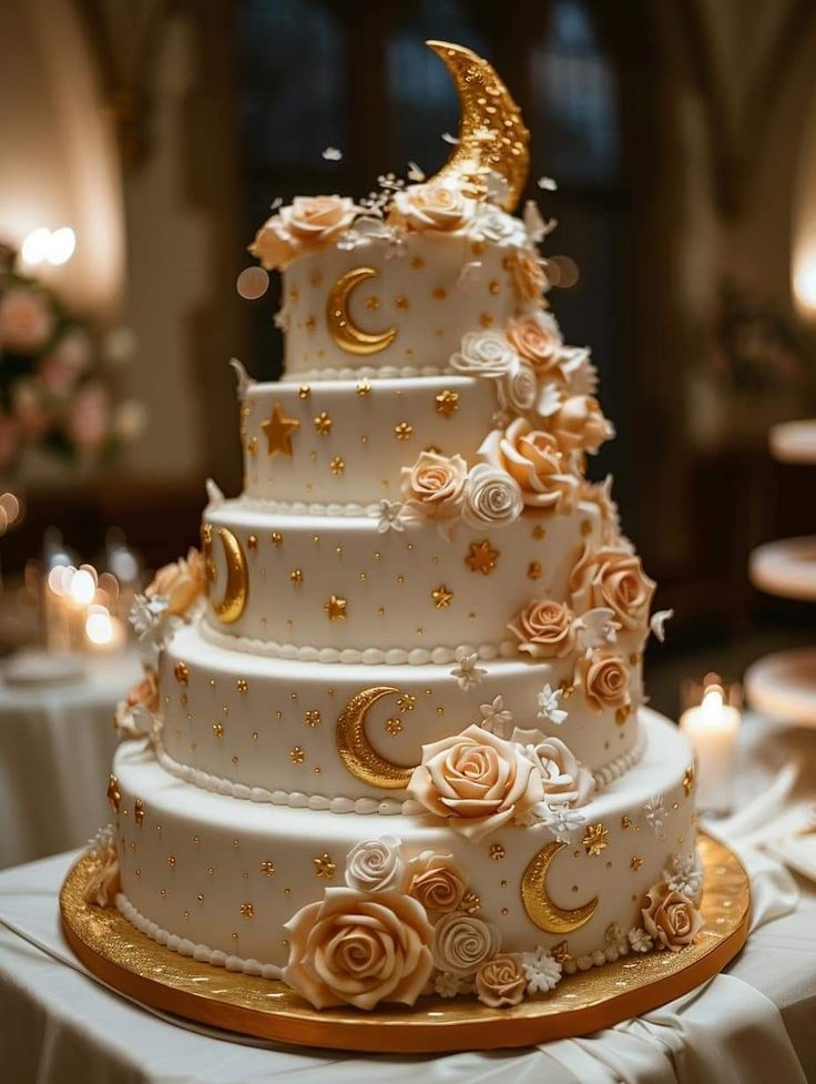 a three tiered wedding cake decorated with roses and gold stars is on a table