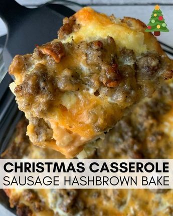 christmas casserole sausage hashbrown bake on a spatula with text overlay