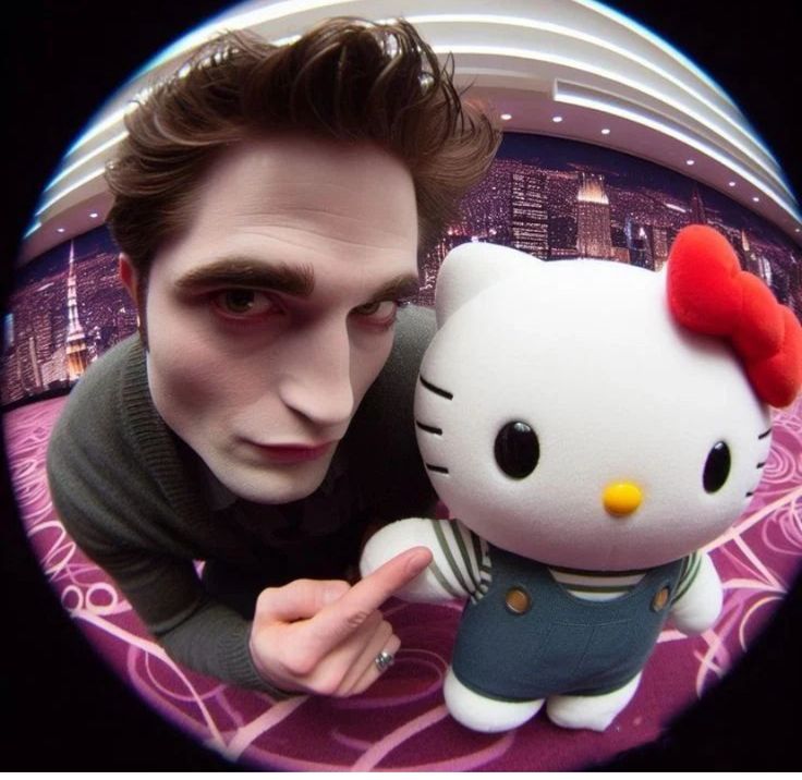 a man holding a hello kitty doll in front of his face