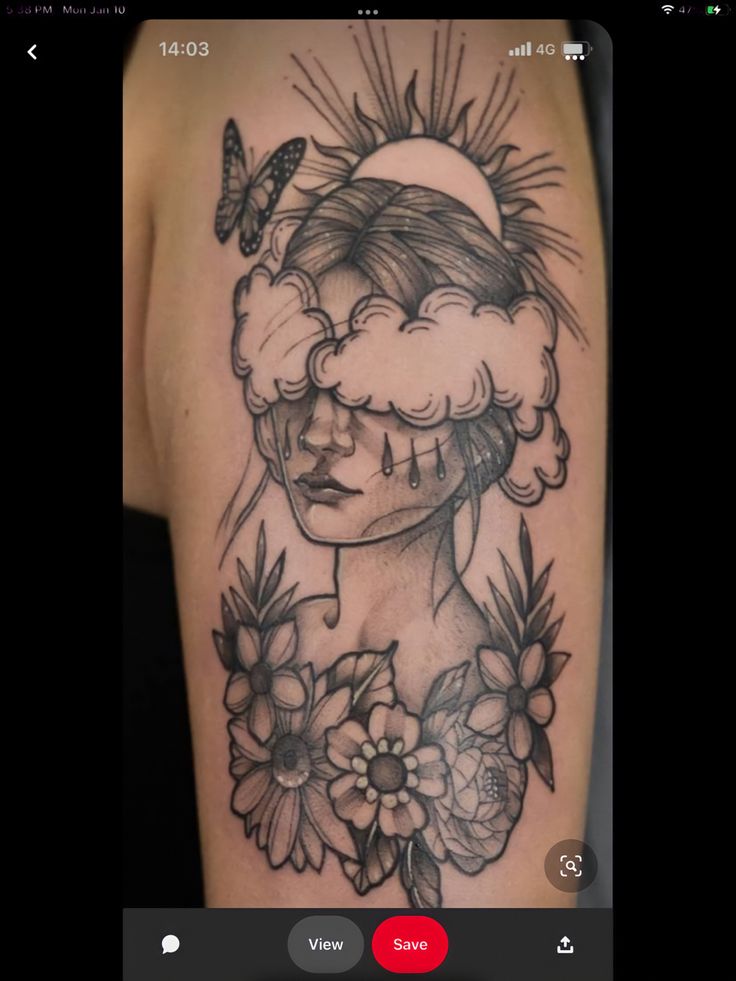 a woman's face with clouds and flowers on her arm