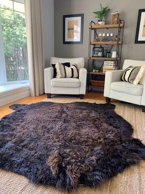 a living room with two chairs and a rug