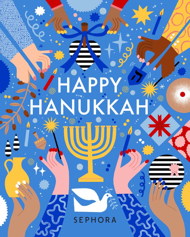 the happy hanukkah poster with hands holding a menorah and jewish symbols