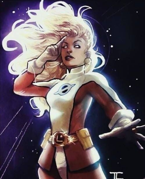 an image of a woman with blonde hair and white skin wearing a gold belt standing in front of the stars