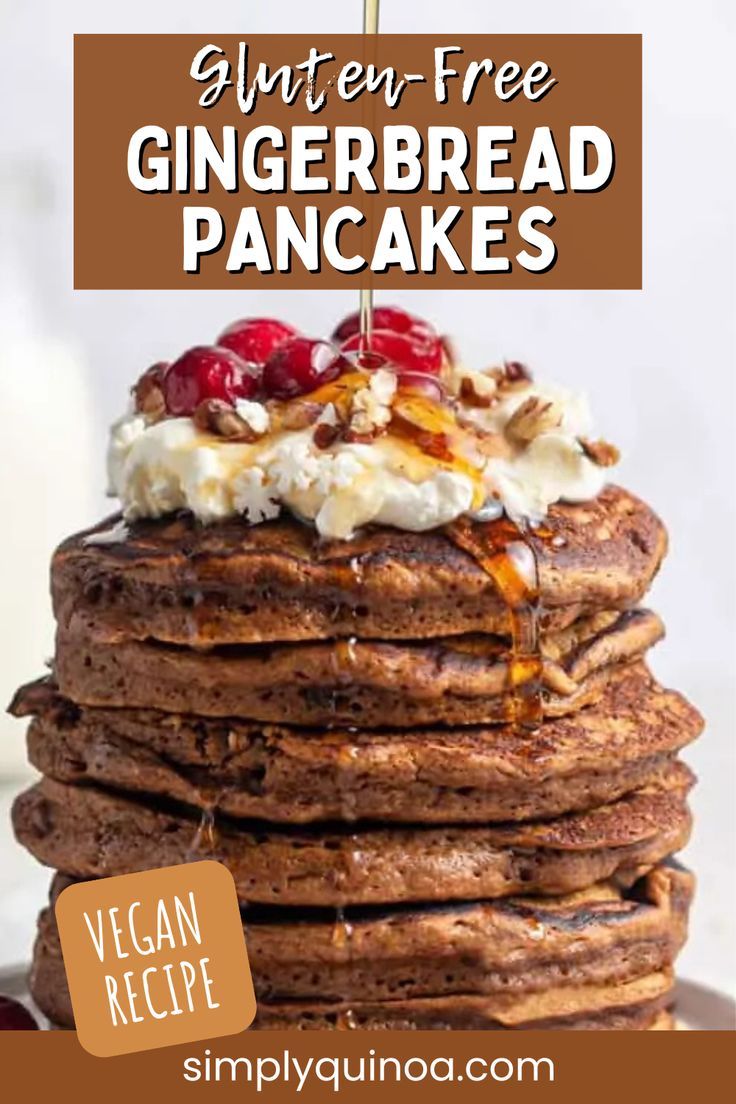 gluten - free gingerbread pancakes with whipped cream and cranberries on top