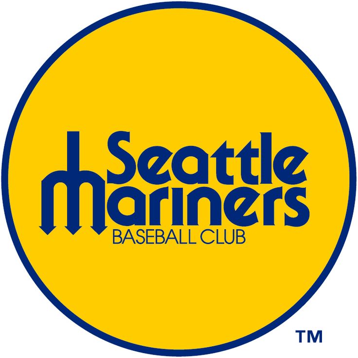 the seattle mariners baseball club logo on a yellow circle with blue letters that read seattle mariners