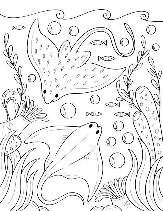 an underwater scene with fish, plants and bubbles in black and white coloring book page