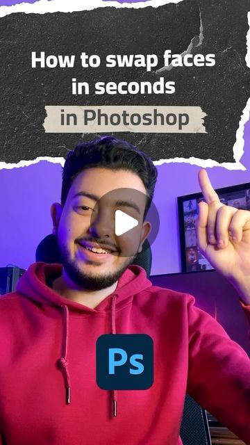 a man in a red hoodie pointing at the camera with text overlay that reads how to swap faces in seconds in photoshop