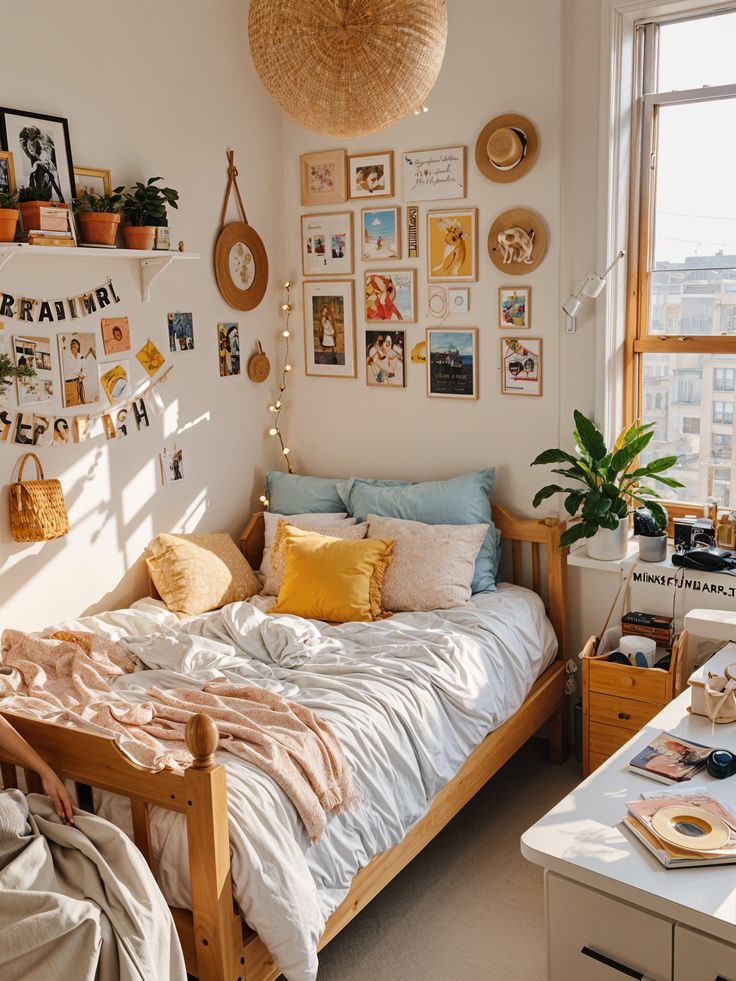 a bed room with a neatly made bed and lots of pictures on the wall above it