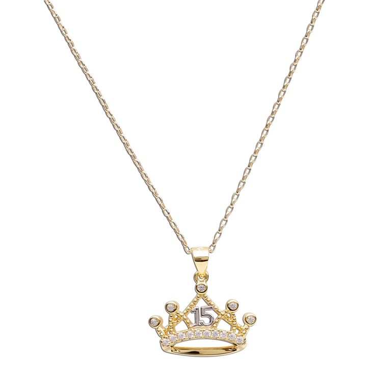 Sterling silver Quinceanera necklace for girls with a beautiful tiara pendant and is part of our Timeless Collection. This charm is special and represents her 15 years with a stone for each year on the pendant. Designed with sterling silver base with 14K Gold-Plating and a sterling silver "15". This pendant floats on a 16-18 inch adjustable rolo chain. High quality keepsake necklace comes with a sweet poem and special gift box to save her timeless gift. Crystal Jewelry Ideas, Quinceanera Necklace, Quinceanera Accessories, Tiara Necklace, Quinceanera Gifts, Quinceanera Jewelry, Quinceanera Pink, Quinceanera Tiaras, Mexican Quinceanera Dresses