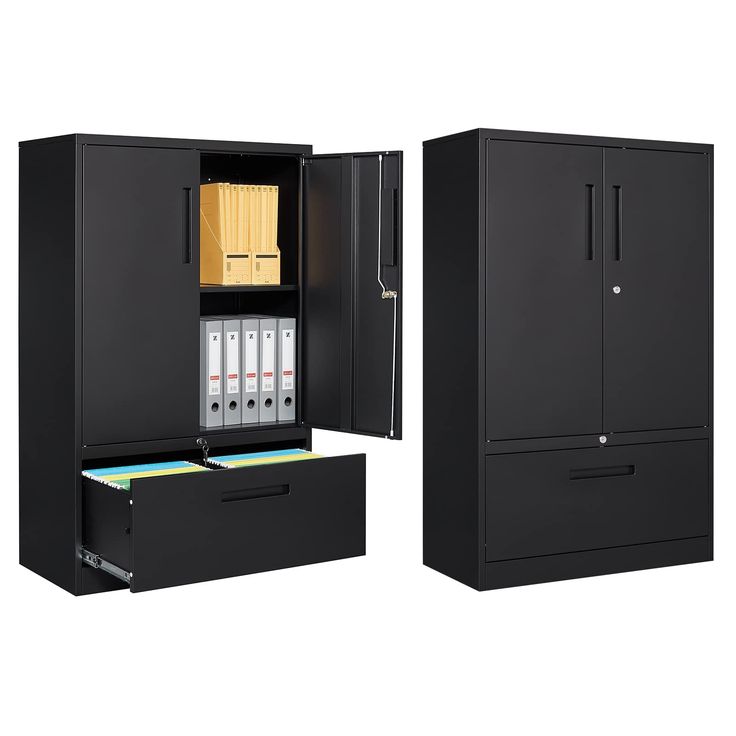 two black filing cabinets with files in them