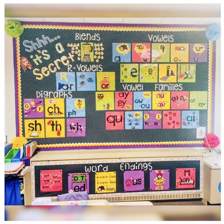 a bulletin board with words and pictures on it in front of a classroom desk filled with children's toys